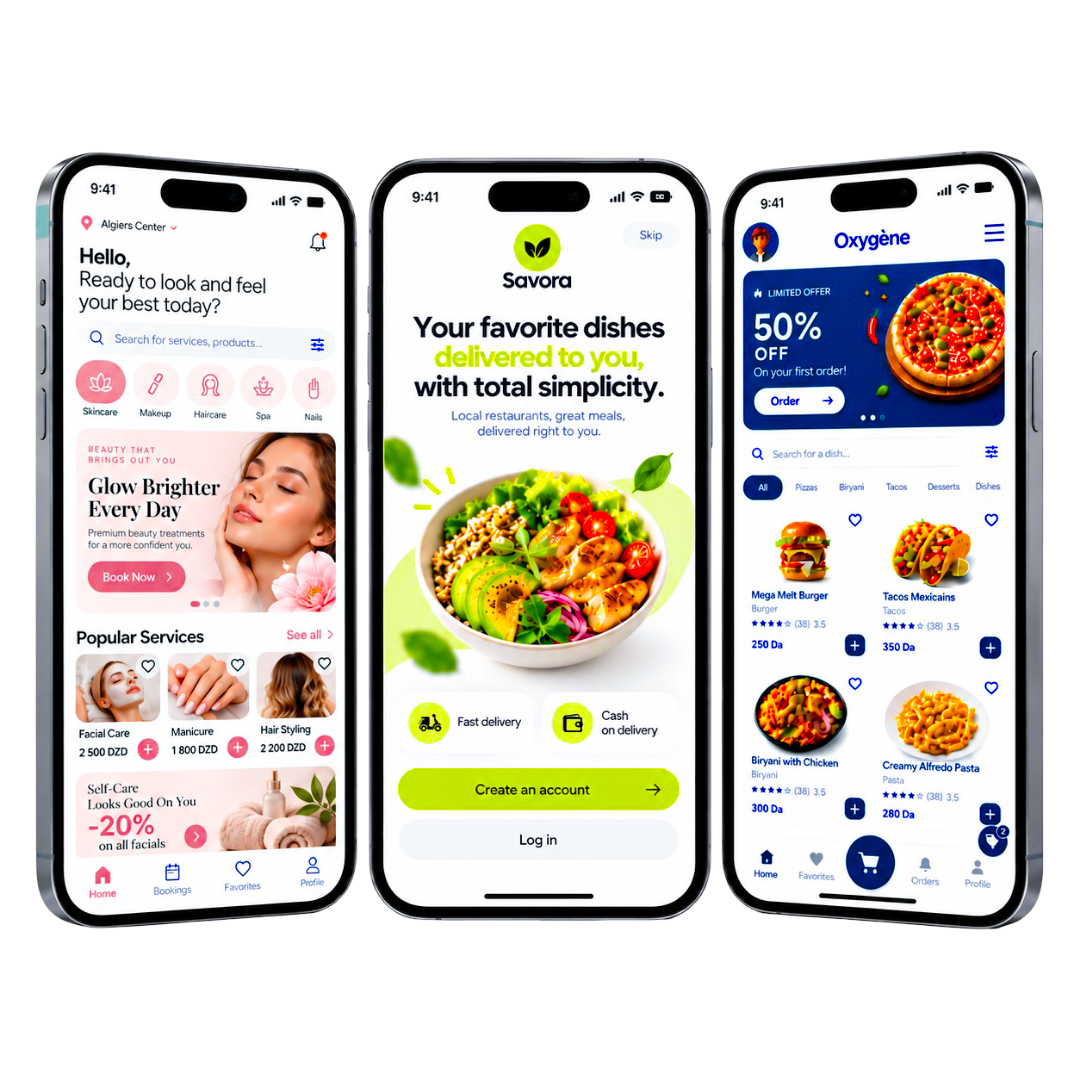 Trois interfaces mobiles conçues par SeryX.dev